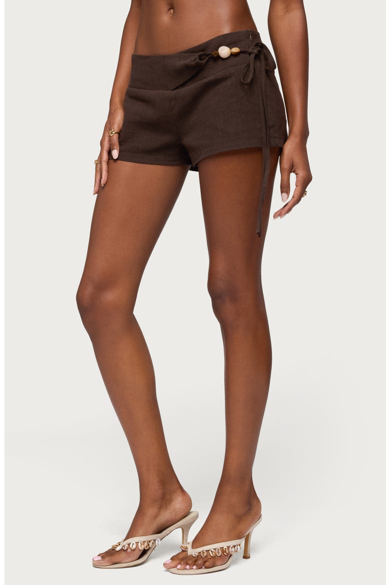 Vikkie Beaded Waist Low Rise Linen Blend Shorts, Alternate, color, BROWN