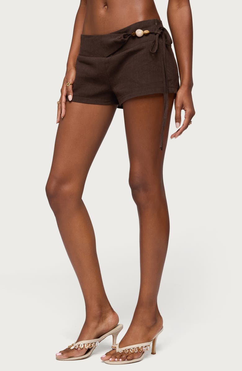 EDIKTED Vikkie Beaded Waist Low Rise Linen Blend Shorts, Alternate, color, Brown