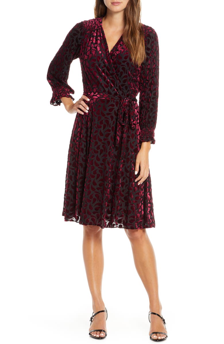 Maison Tara Velvet Burnout Long Sleeve Faux Wrap Dress, Main, color, 