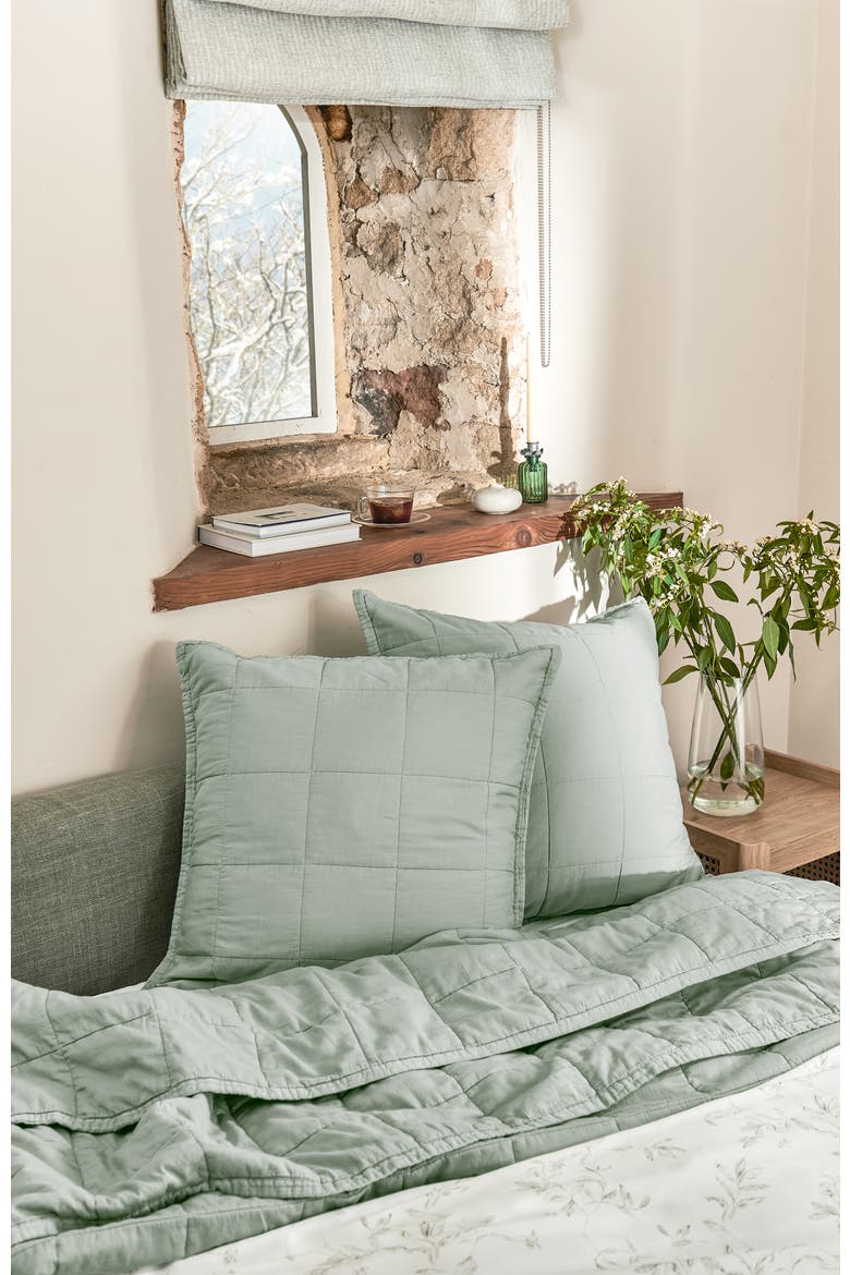 Laundered Cotton Luxury Percale Quilted Sham Pair, Alternate, color, Sage Green