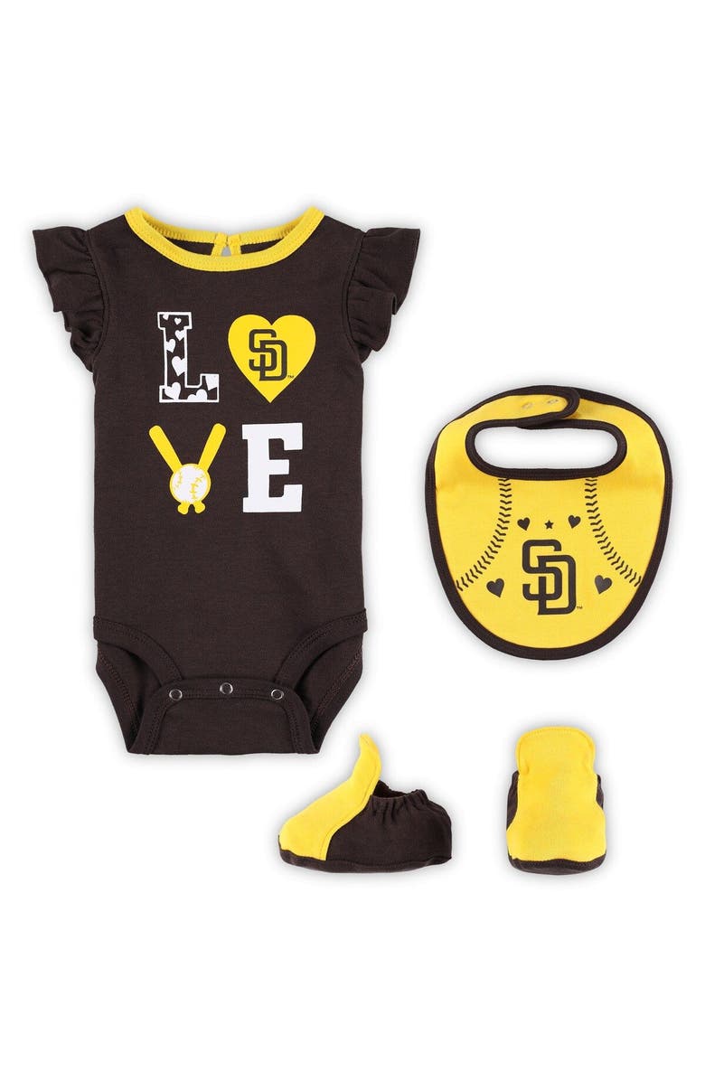 Outerstuff Newborn & Infant Brown/Gold San Diego Padres Three-Piece Love of Baseball Bib Bodysuit & Booties Set, Main, color, 