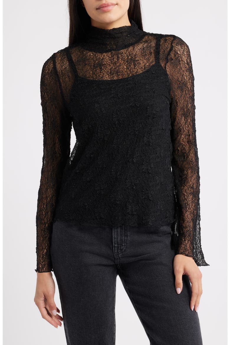 Mock Neck Sheer Knit Top, Main, color, BLACK