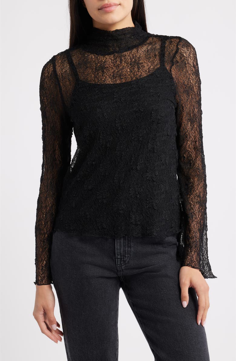 Wit & Wisdom Mock Neck Sheer Knit Top, Main, color, Black