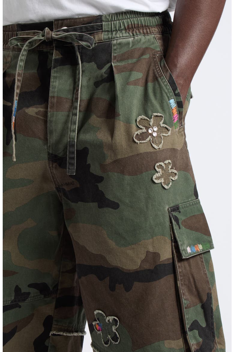 Crystal Embellished Floral Patch Camouflage Print Cotton Twill Shorts, Alternate, color, CAMO TWILL