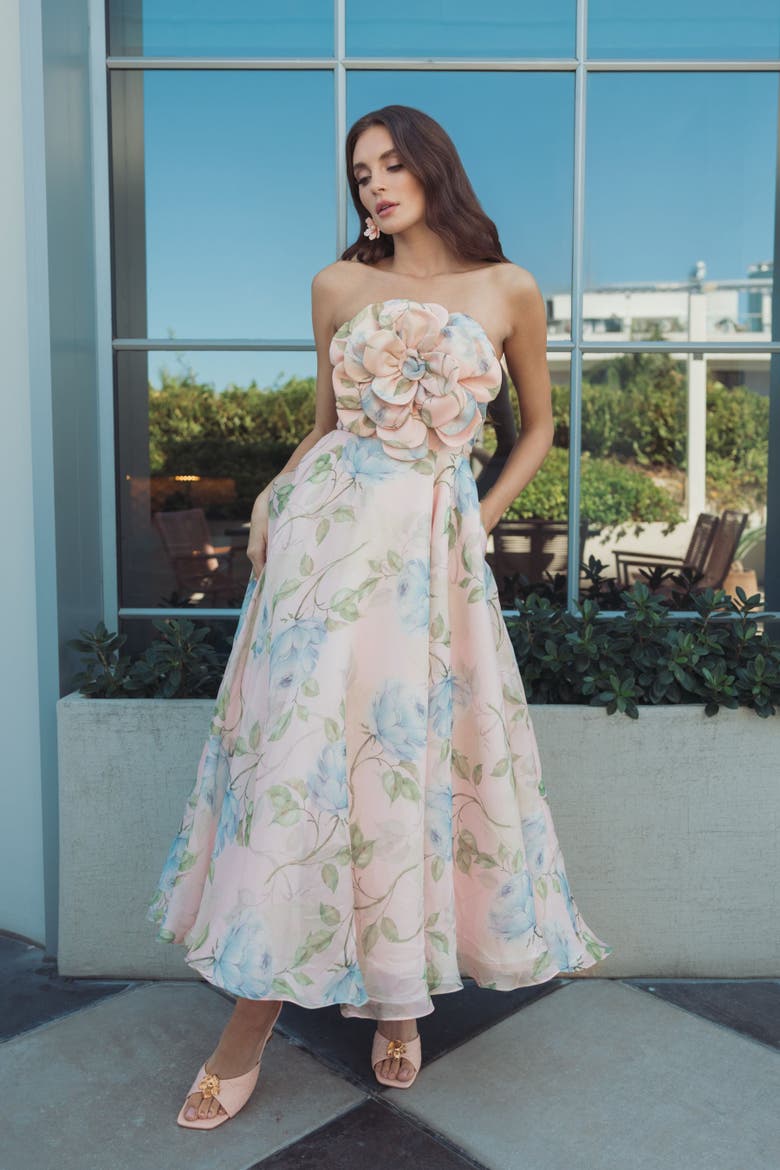 Strapless Floral Organza Midi Dress With Flower, Alternate, color, Powder Blue Multi