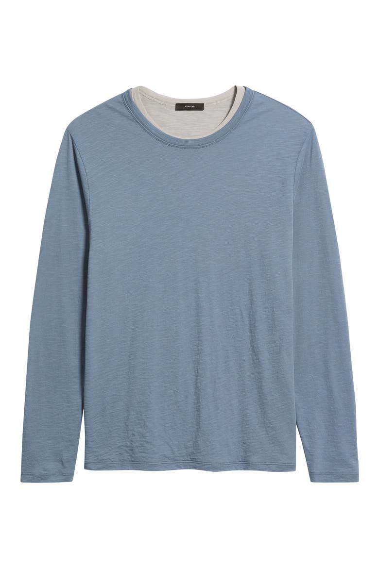 Fine Slub Layered Look Long Sleeve Pima Cotton T-Shirt, Alternate, color, HAWK BLUE/ COYOTE GRE