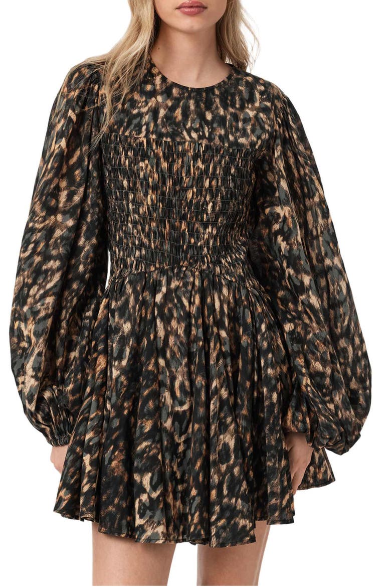 Chia Smock Bodice Long Sleeve Cotton Blend Minidress, Alternate, color, PROWL GOLDEN BROWN