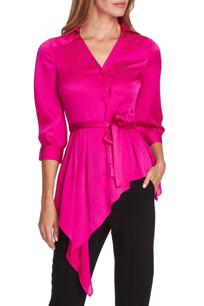Cascade Ruffle Asymmetrical Satin Blouse, Main, color, PINK SHOCK