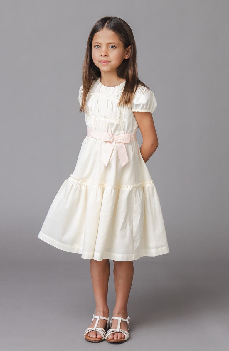 Hope & Henry Kids' Organic Puff Sleeve Tiered Party Dress, Alternate, color, Natural With Pink