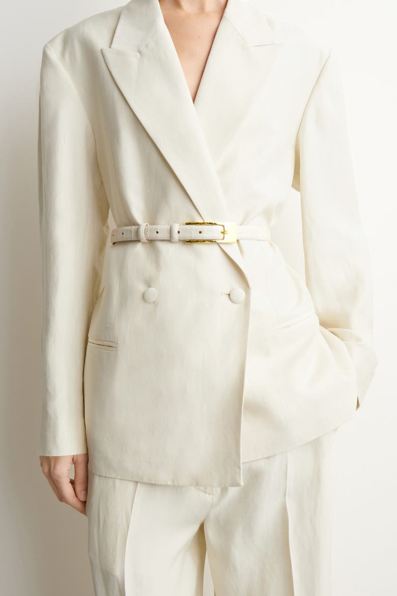Elongated-buckle Leather Belt, Alternate, color, IVORY / CROC EFFECT