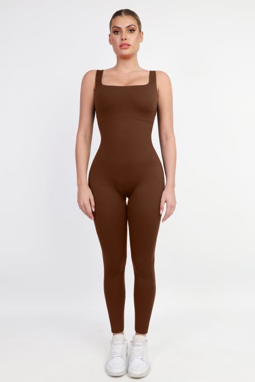 Popilush Shapewear Square Neck Thigh Slimming Workout Jumpsuit In Chocolate