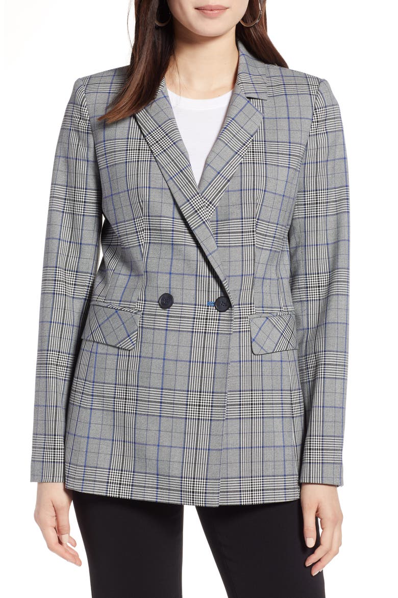 Double Breasted Blazer, Main, color, BLACK- BLUE PLAID