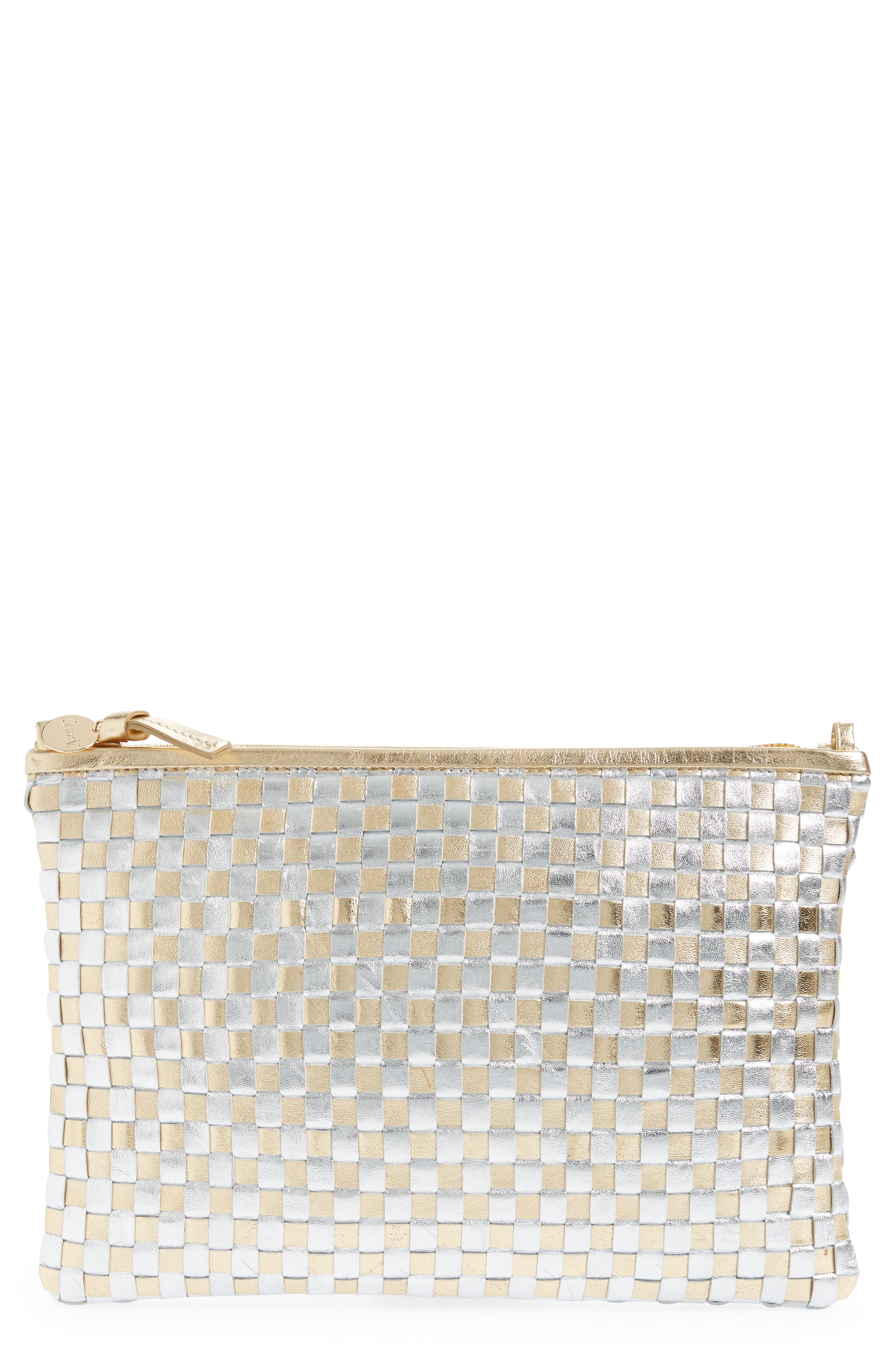 Clare V. Woven Metallic Leather Clutch with Tabs, Main, color, 