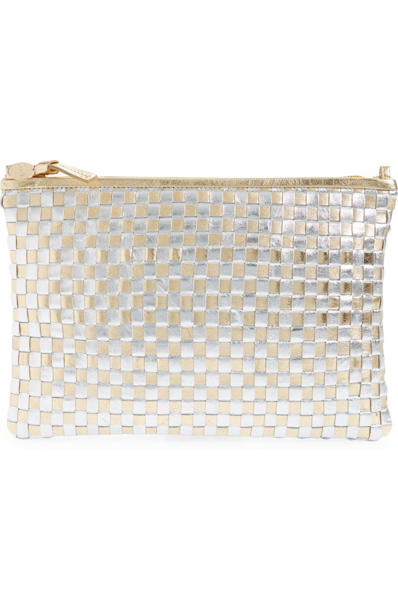 Clare V. Woven Metallic Leather Clutch with Tabs, Main, color,