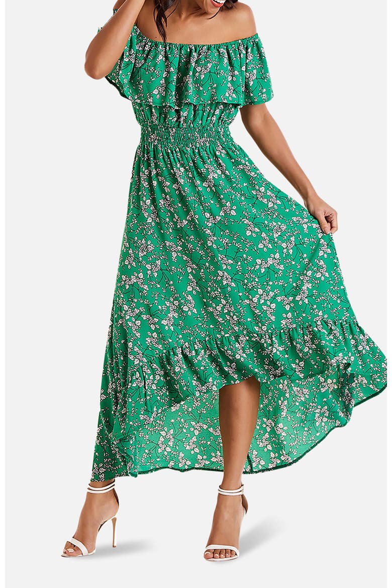 Floral Bardot Ruffled Hem Midi Dress, Alternate, color, Green