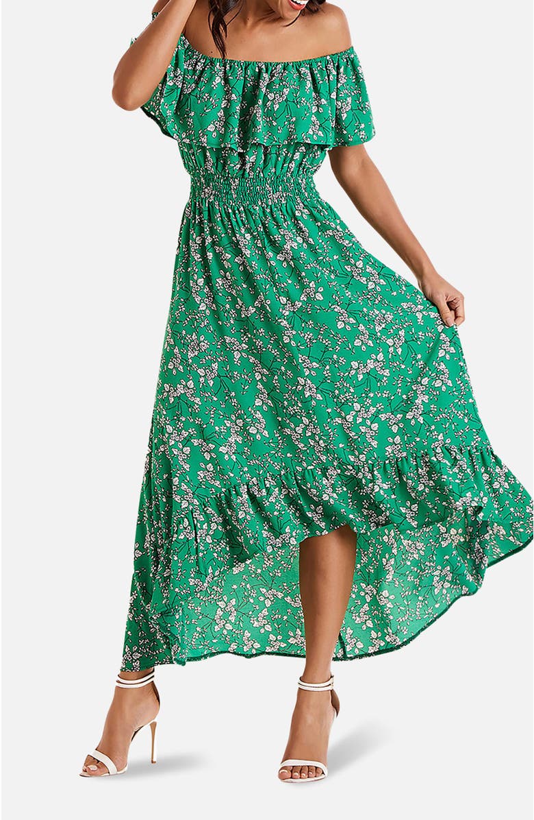 Yumi Floral Bardot Ruffled Hem Midi Dress, Alternate, color, Green