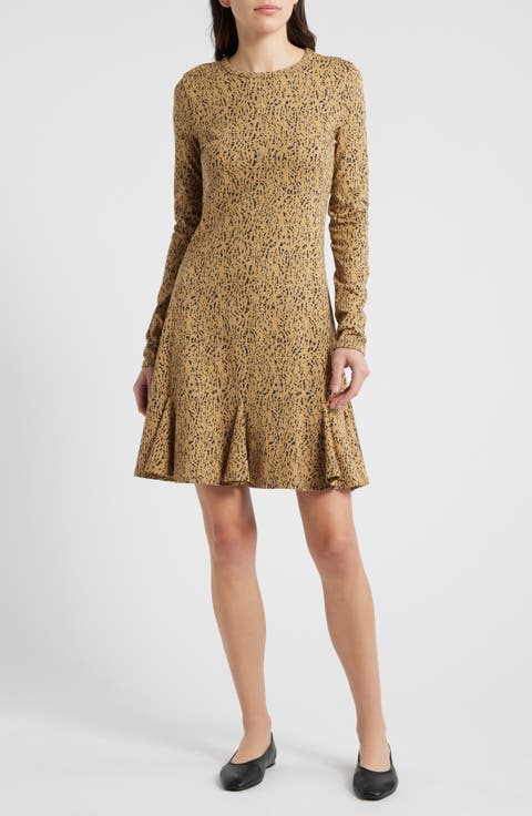 Lyla Abstract Animal Print Long Sleeve Cotton Blend Knit Dress