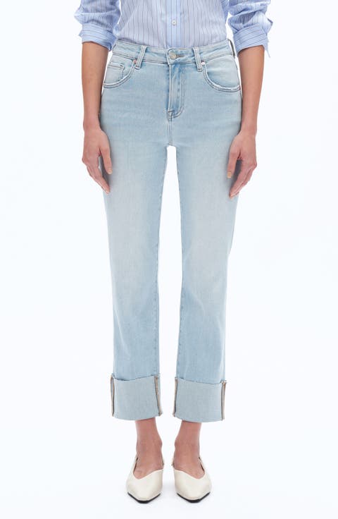 High Waist Cuffed Raw Hem Straight Leg Jeans