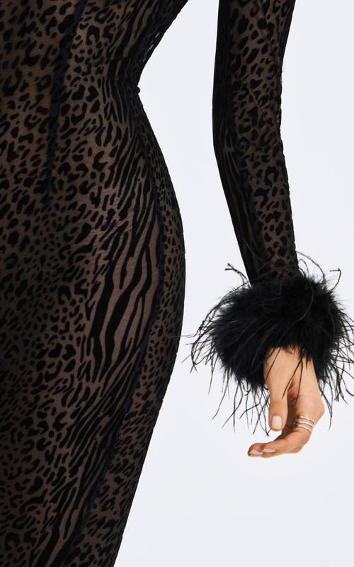 Miss Circle Patricia Faux Fur Sleeve Trim Velvet Mesh Maxi Dress In Black