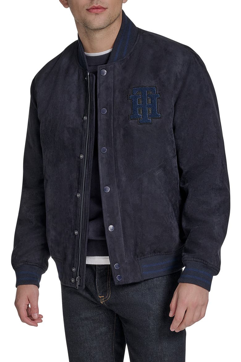 Faux Suede Varsity Bomber Jacket, Main, color, NAVY