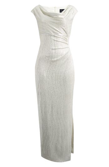 Connected Apparel Petites Womens Metallic Cowl Neck Evening Dress In White