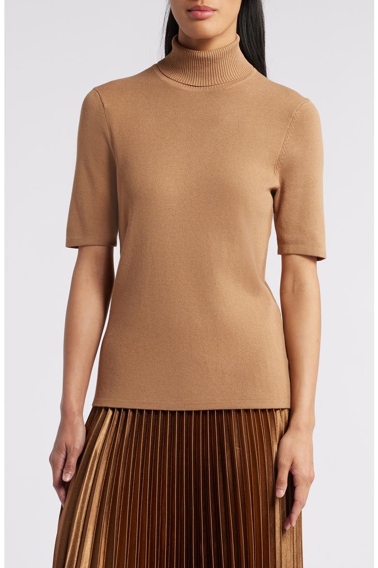Turtleneck Short Sleeve Rib Sweater, Main, color, VICUNA