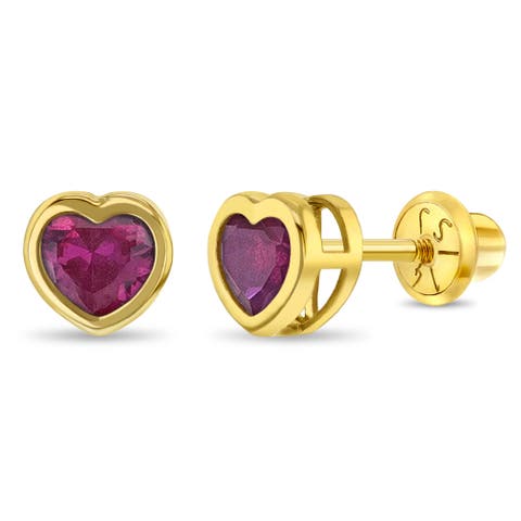 14k Heart Bezel Simulated Birthstone Earrings