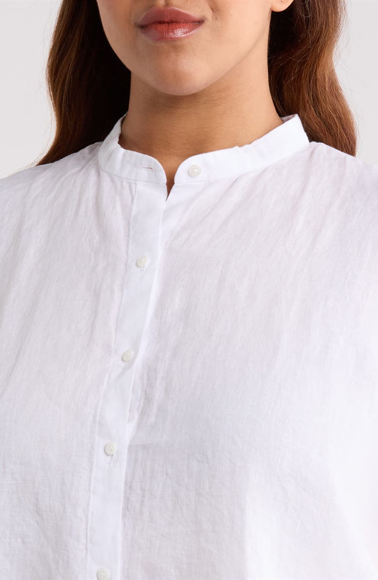 Eileen Fisher Mandarin Collar Short Sleeve Organic Linen Button-Up Shirt, Alternate, color, White