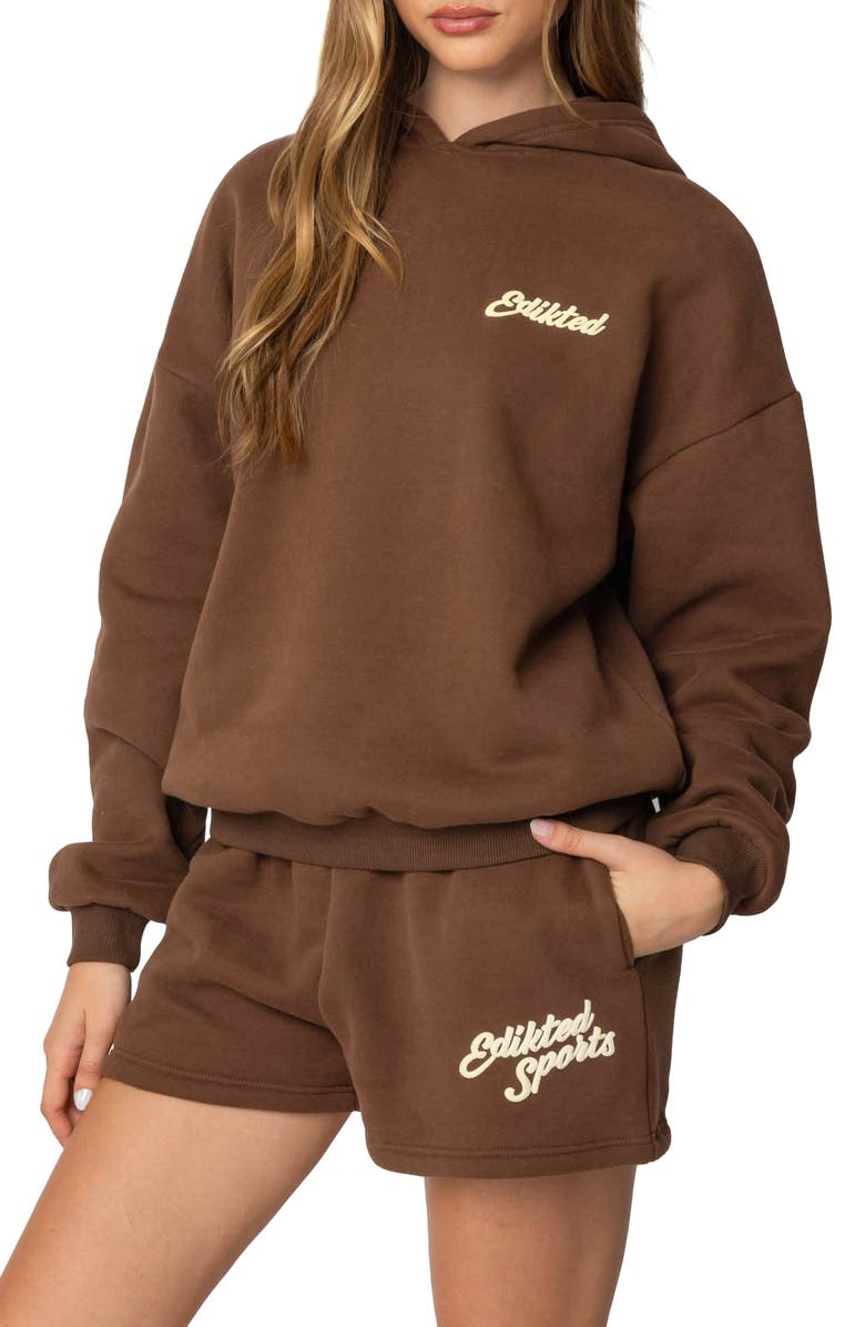 EDIKTED So Sporty Hoodie, Alternate, color, Brown