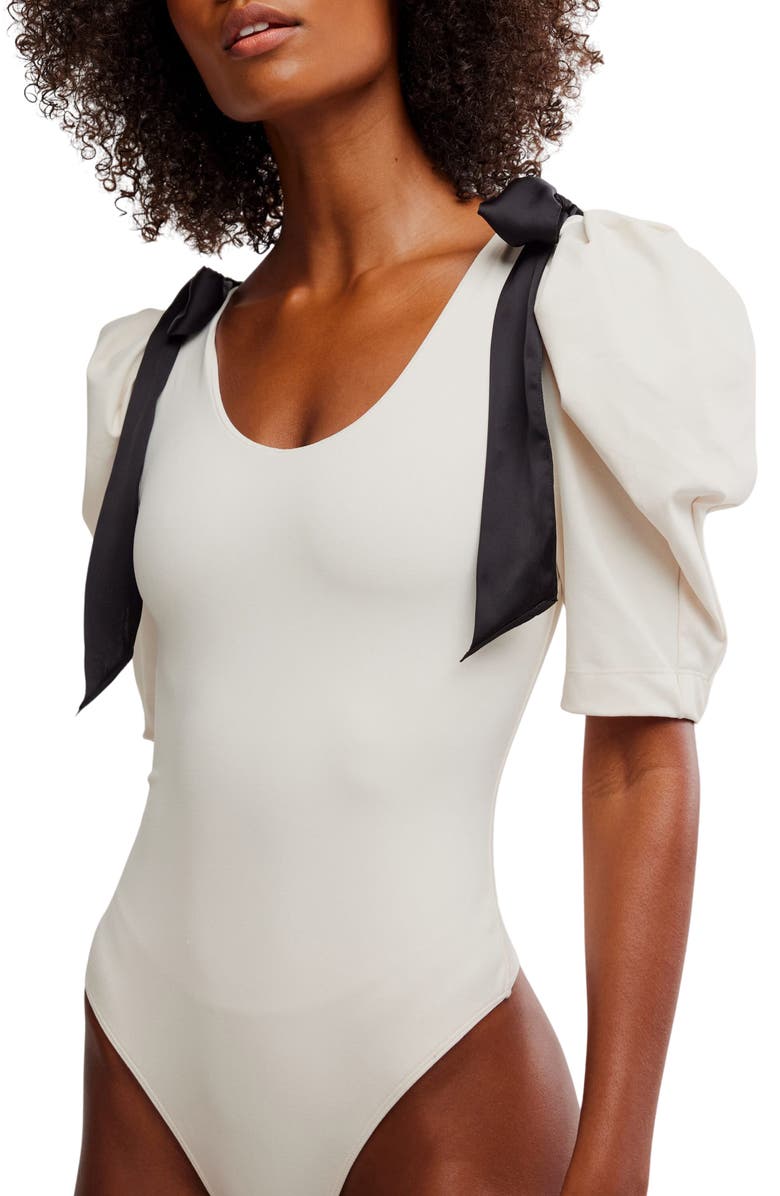 Free People What a Girl Wants Bow Puff Sleeve Bodysuit, Alternate, color, Jet Stream