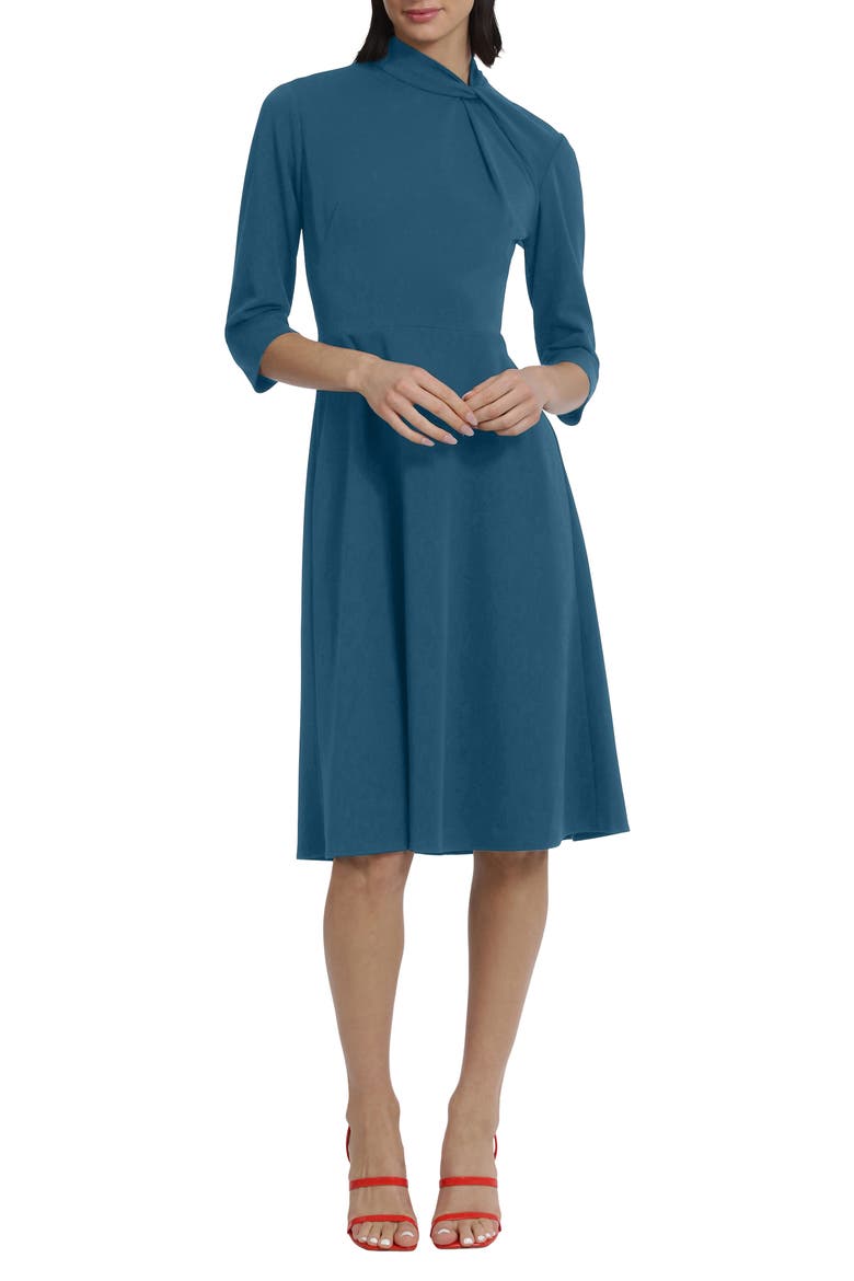 Twist Collar Fit & Flare Dress, Main, color, DEEP LAGOON