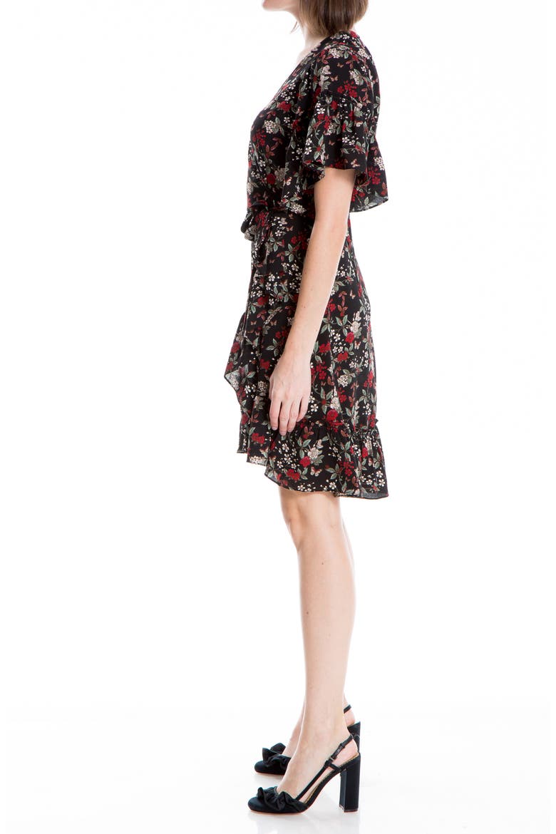 Floral Print Wrap Ruffle Dress, Alternate, color, BLKWNFFB