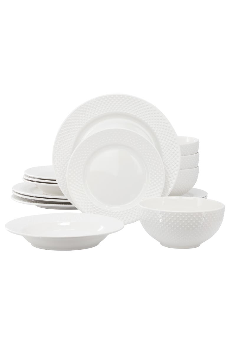 Elama Kim 16 Piece Hobnail Double Bowl Porcelain Dinnerware Set, Main, color, White