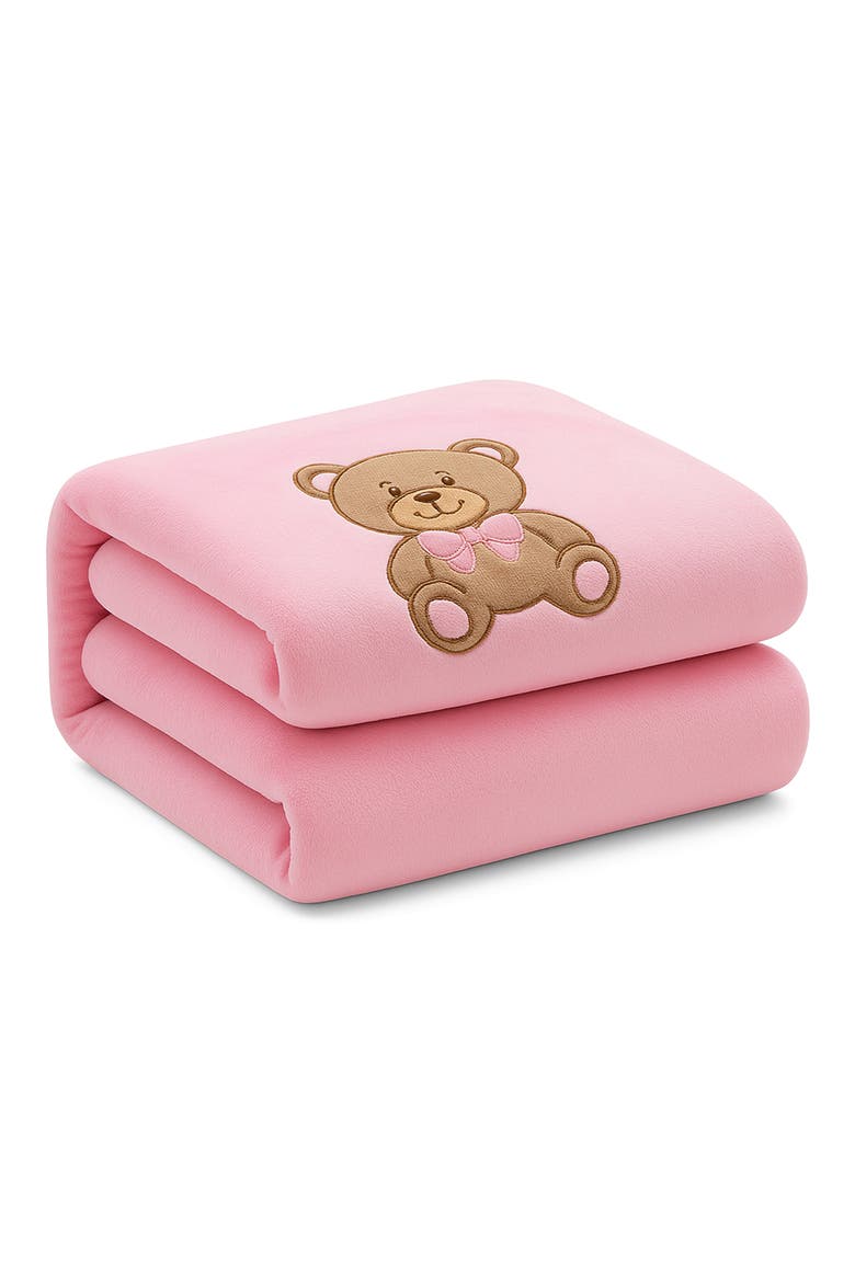 Bear Embroidered Knit Blanket, Main, color, PINK