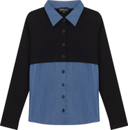 MCM Maternity Contrast Collar Denim Panel Button Front Blouse