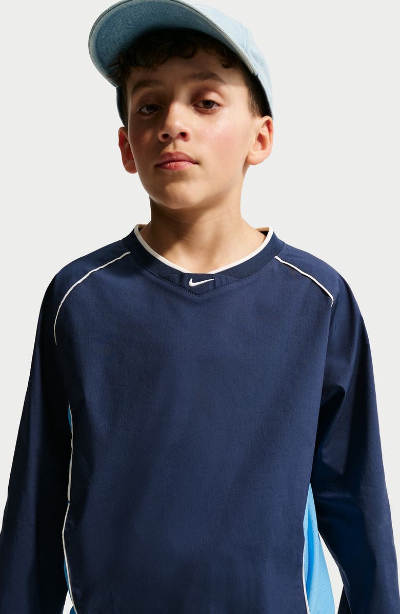 Nike Kids' Woven Long Sleeve V-Neck T-Shirt, Alternate, color, Midnight Navy/ Soft Pearl