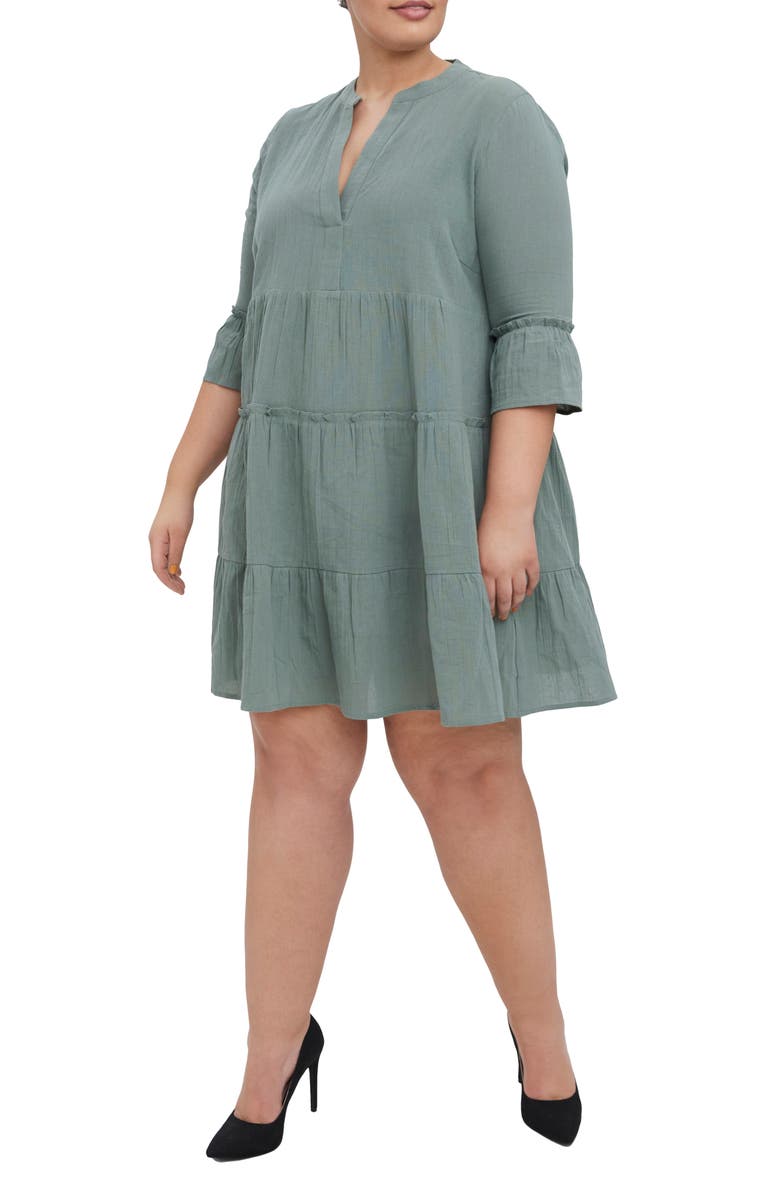 VERO MODA CURVE Heli Tiered Long Sleeve Organic Cotton Dress, Main, color,