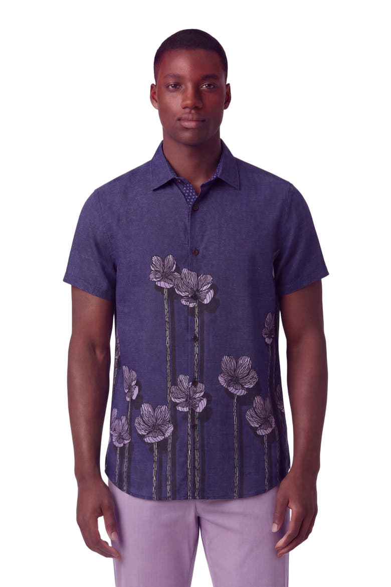 Crafty Floral Short Sleeve Fine Linen Shirt, Main, color, CRAFTY FLORAL NAVY