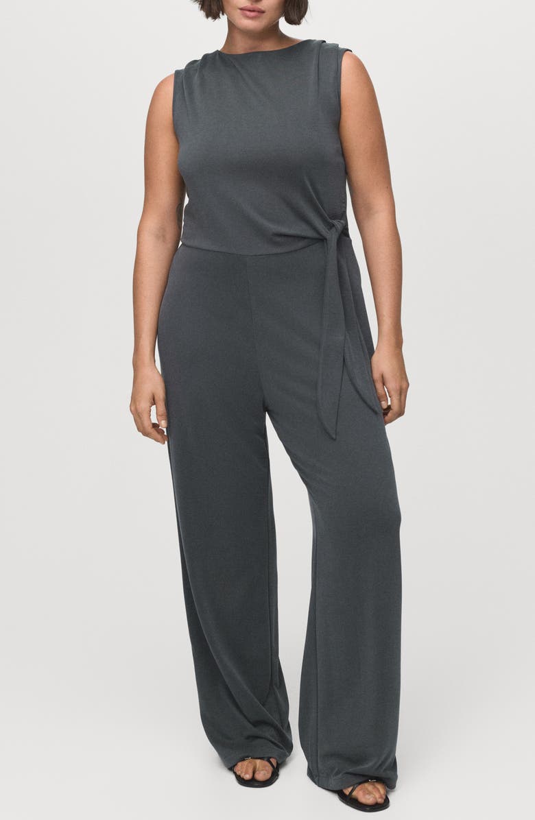 MANGO Side Tie Wide Leg Jumpsuit, Main, color, Charcoal