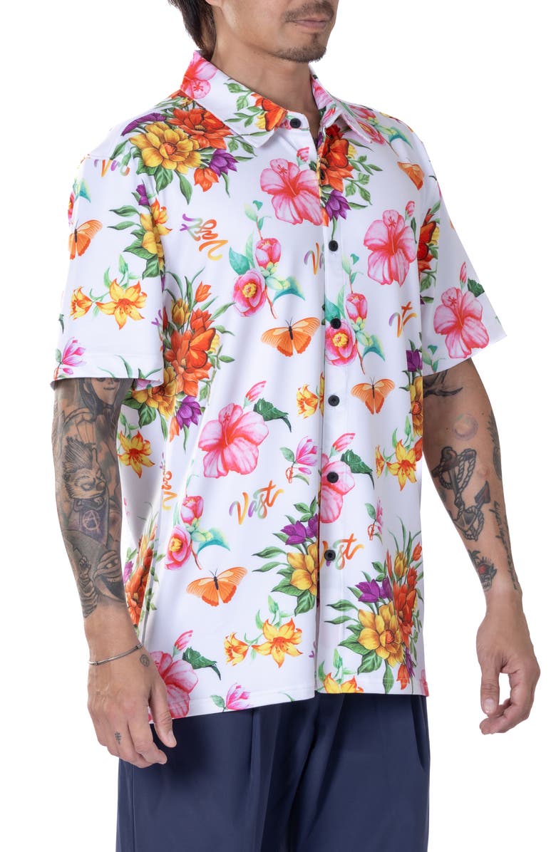VAST Floral Watercolor Short Sleeve Performance Button-Up Shirt, Alternate, color, Red Multi
