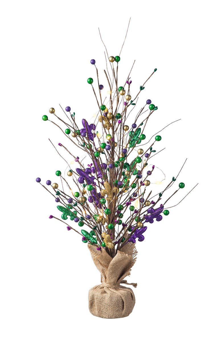 Glitzhome Mardi Gras Lighted Fleur-de-Lis & Berry Table Tree, Alternate, color, Purple