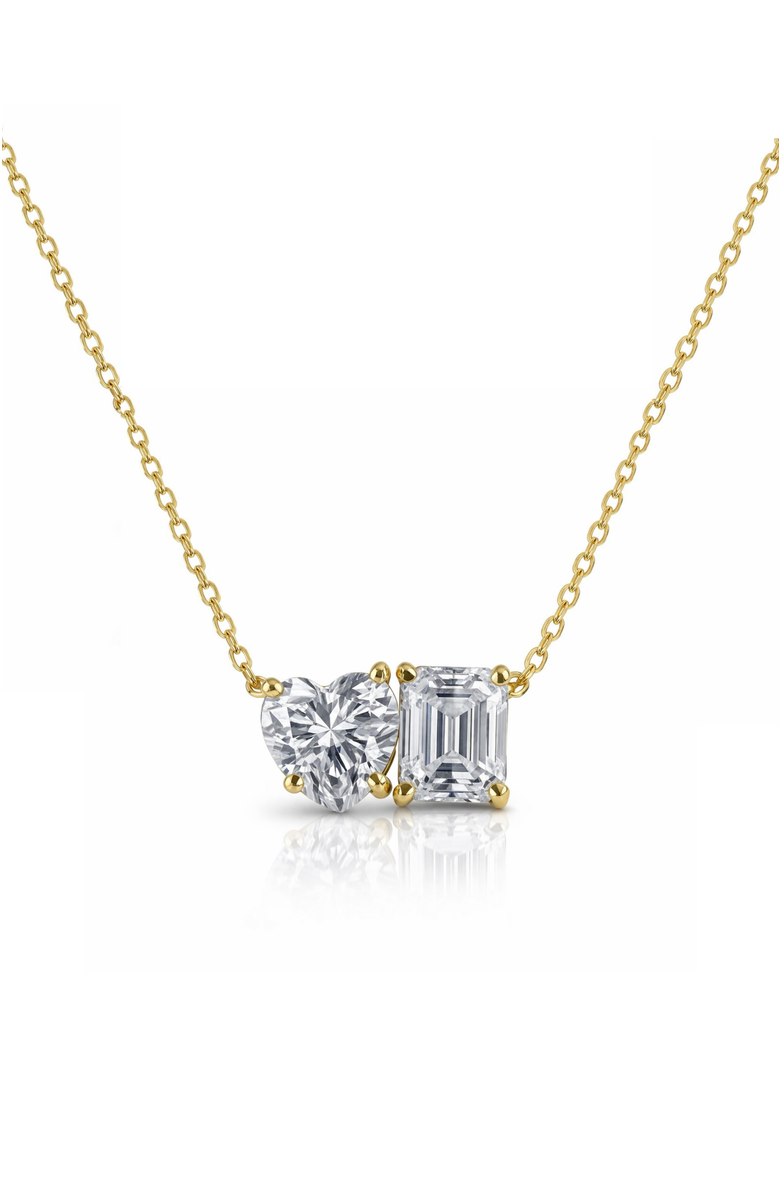 DLORIA 2 ct. t.w. Toi et Moi Moissanite Necklace (Heart & Emerald-Cut, Color D, FL Clarity) in Gold Vermeil, Main, color, Gold
