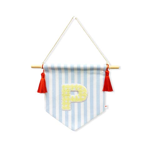 A B C' Blue Striped Create-Your-Own Banner with Red Tassels and Chenille Letter Patch