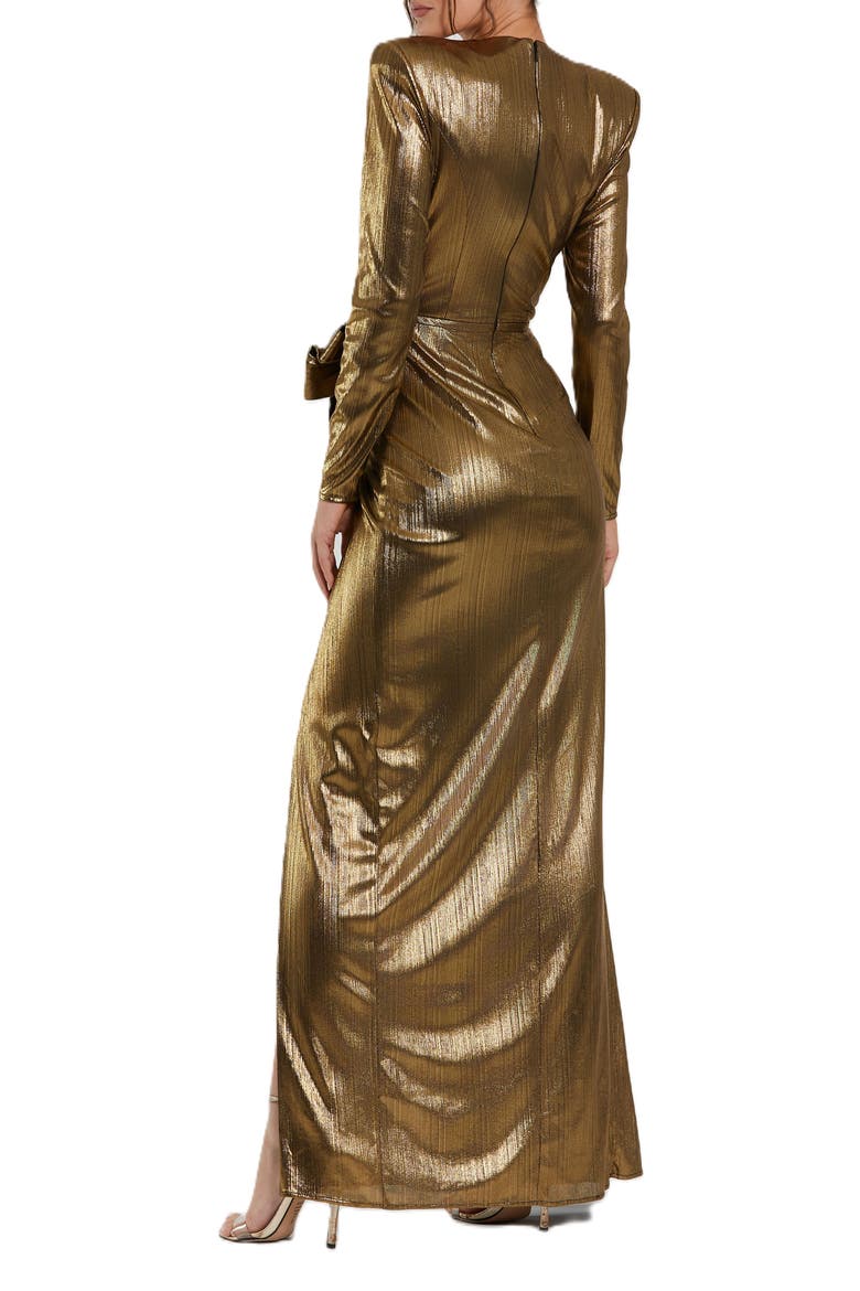 Metallic Jersey Long Sleeve Gown With Bow, Alternate, color, Antique Gold
