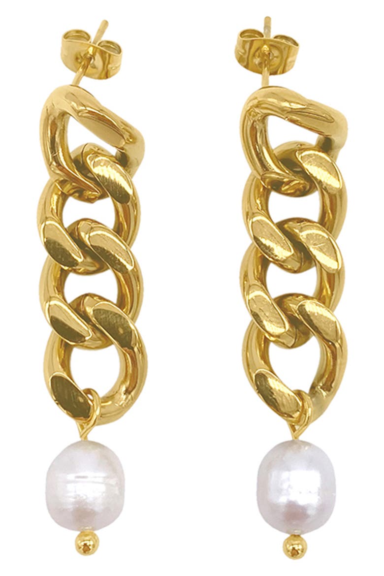 Water Resistant Curb Chain & 10mm Freshwater Pearl Dangle Earrings, Main, color, WHITE