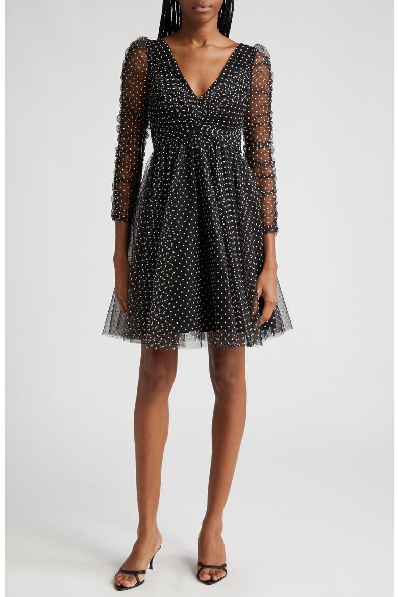 Dot Ruched Tulle Dress, Main, color, BLACK/ CREAM DOT
