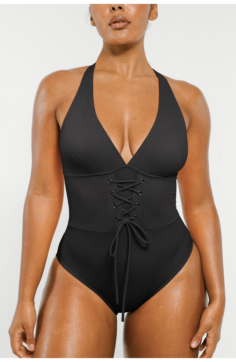 Shapellx Plunge Lace-Up Corset Shaping One Piece Swimsuit, Main, color, Matte Black