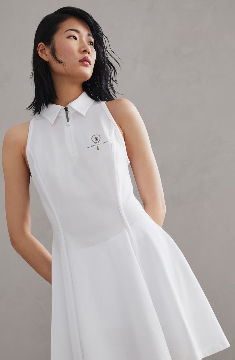 Brunello Cucinelli Stretch cotton piqué dress with shiny zipper pull and tennis logo, Alternate, color,
