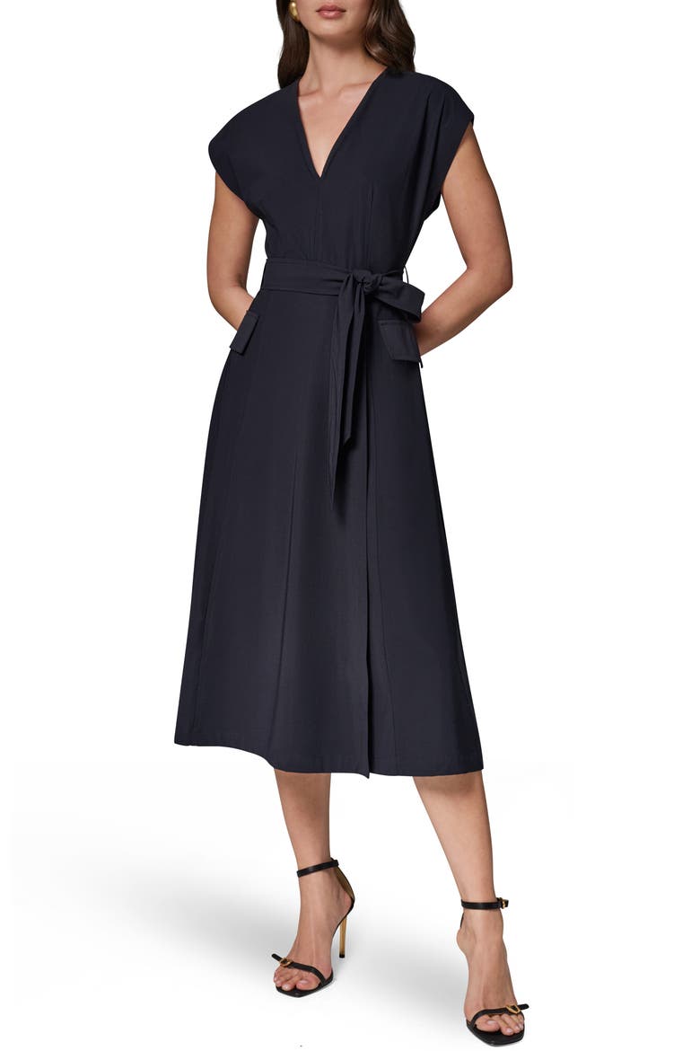 Belted Twill Midi Dress, Main, color, BLACK