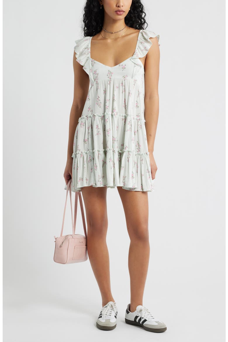 Flutter Sleeve Cotton Blend Mini Sundress, Main, color, GREEN- PINK SELINA FLORAL
